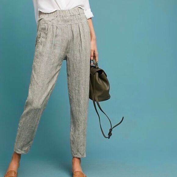 Anthropologie Linen Striped Tapered Leg Straight Leg Coastal Lagenlook Pants - Picture 1 of 7